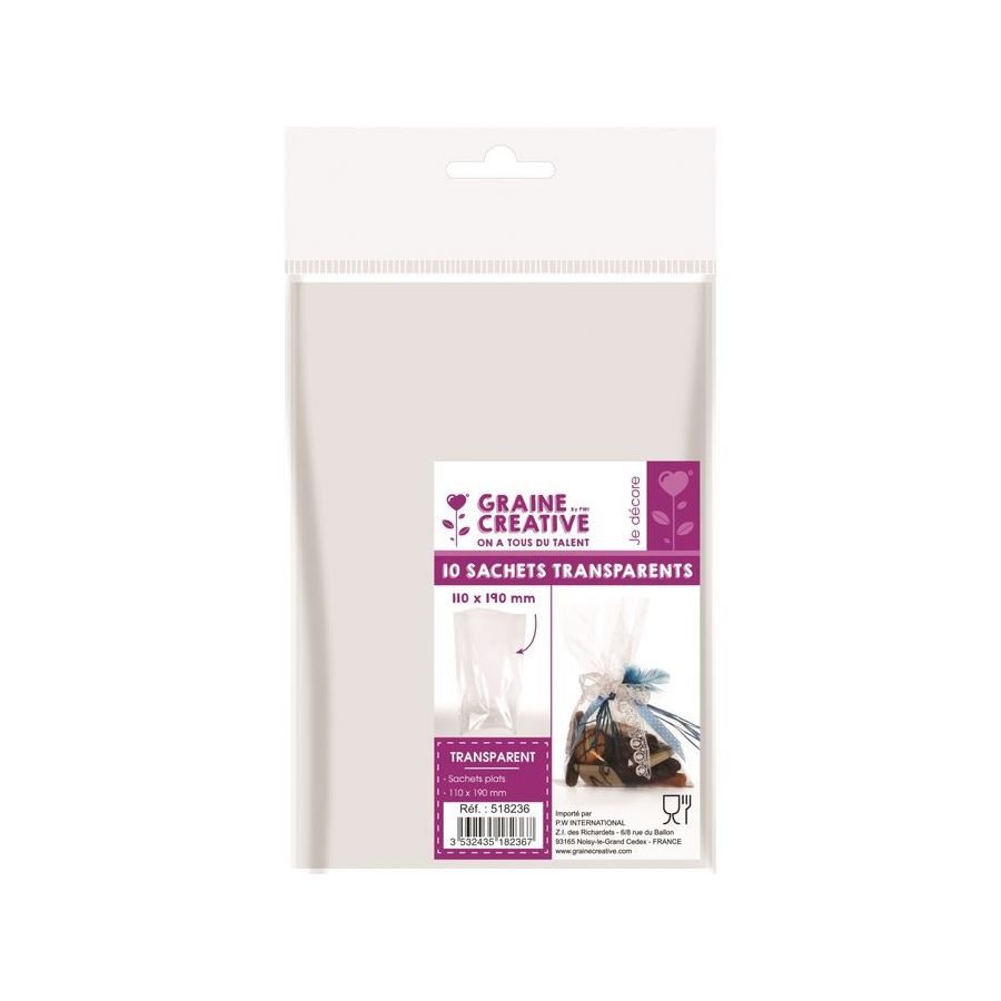 10 SACHETS TRANSPARENTS 110 X 190 SANS SOUFFLET