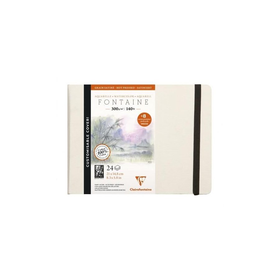 CARNET AQUARELLE BLANC COUSU 24 FEUILLES 21X16 CM 300 G GRAIN SATINE