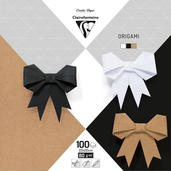 POCHETTE DE 100 FEUILLES UNIS ORIGAMI NOIR, BLANC ET KRAFT 20X20 80G