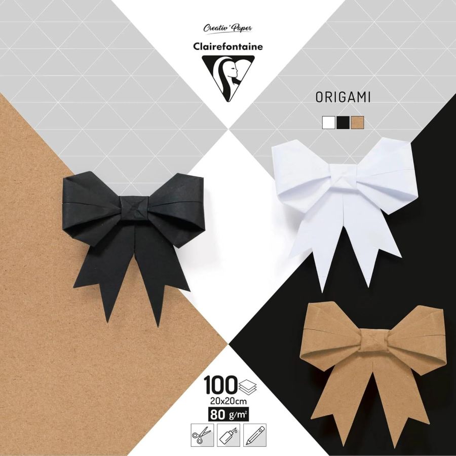 POCHETTE DE 100 FEUILLES UNIS ORIGAMI NOIR, BLANC ET KRAFT 20X20 80G