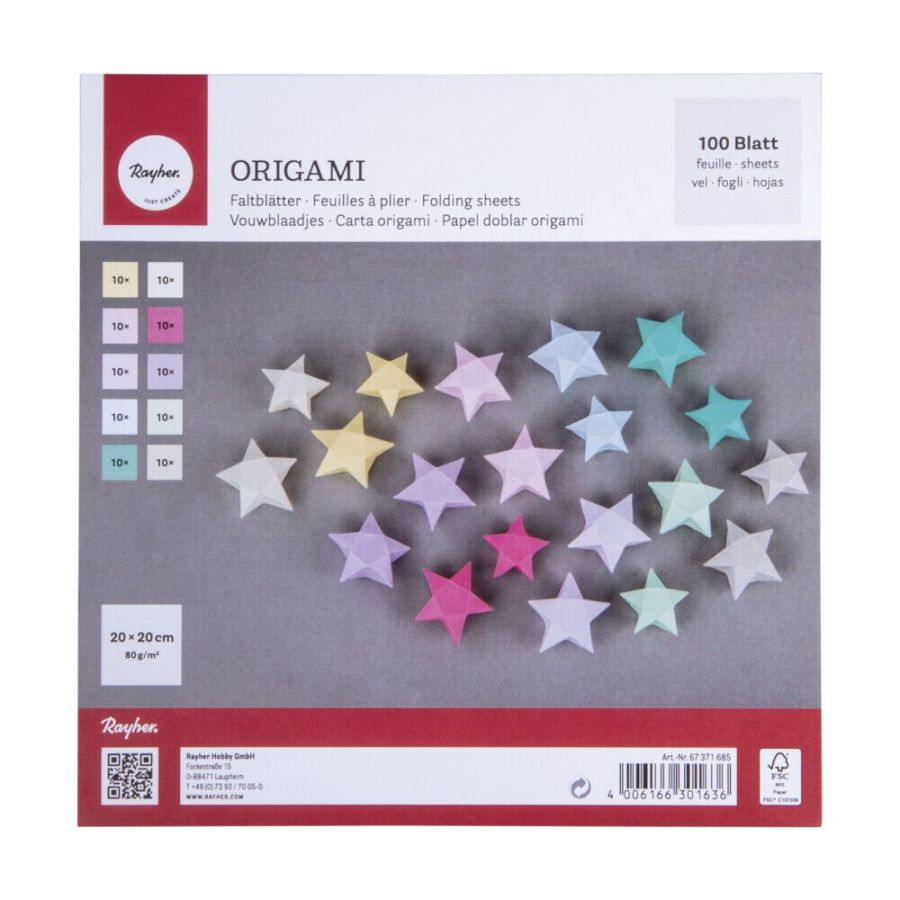 ORIGAMI FEUILLES A PLIER 20X20 CM 80G 10 COLORIS PASTEL - RAYHER