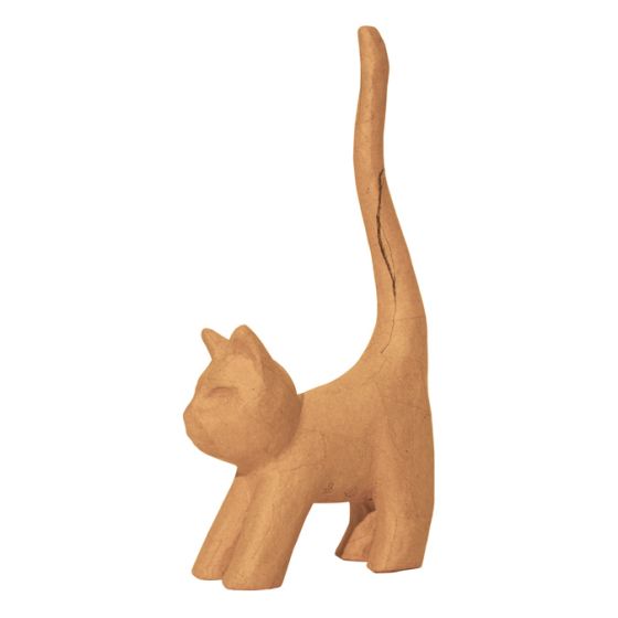 Chat naïf avec longue queue 32cm, en papier mâché