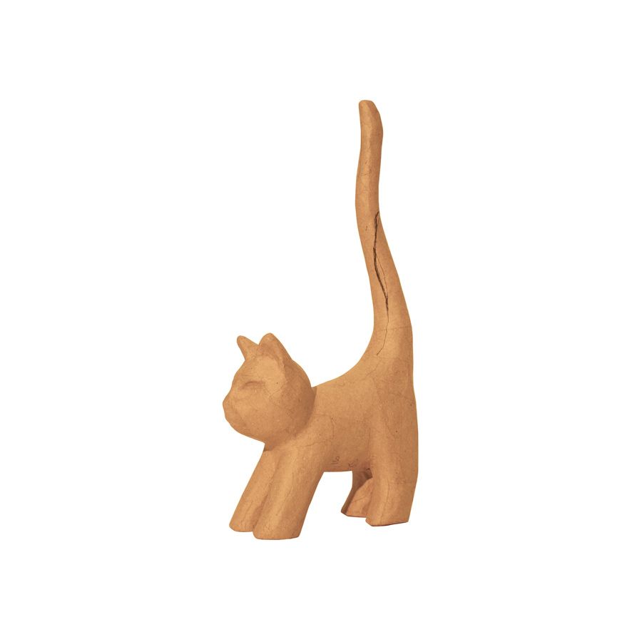 Chat naïf avec longue queue 32cm, en papier mâché