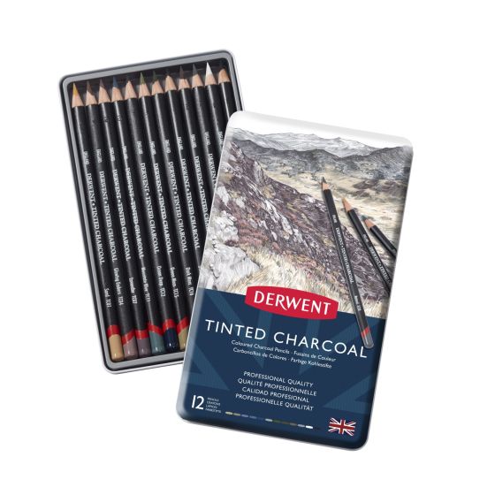 Boite métal 12 crayons fusain de couleur - Derwent