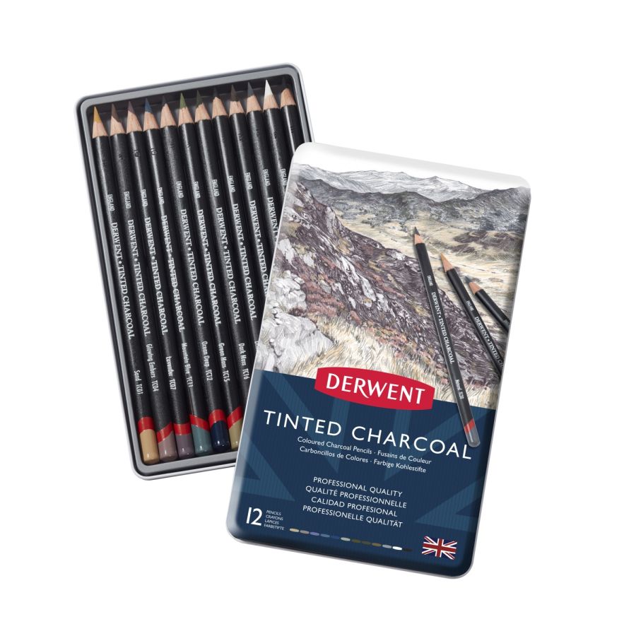 Boite métal 12 crayons fusain de couleur - Derwent