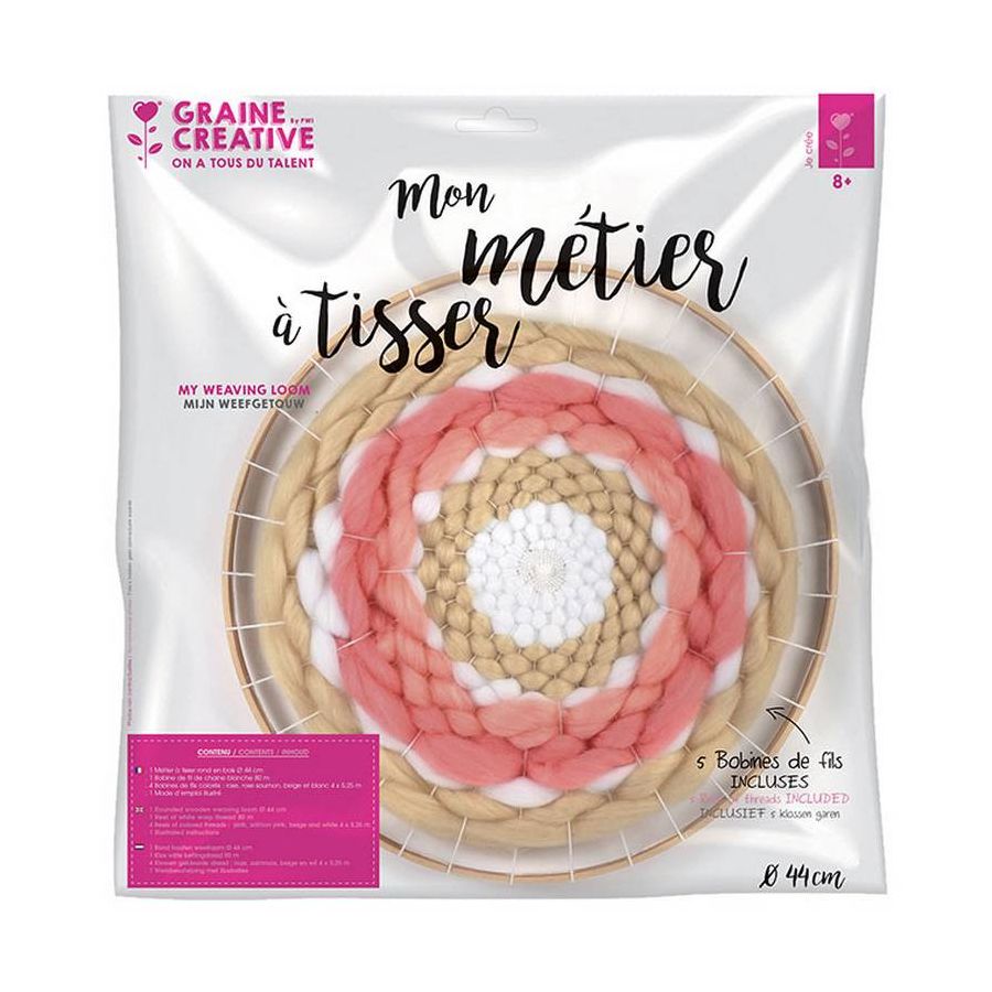 Kit métier à tisser rond - une bobine de fil blanc et 4 bobines de laines