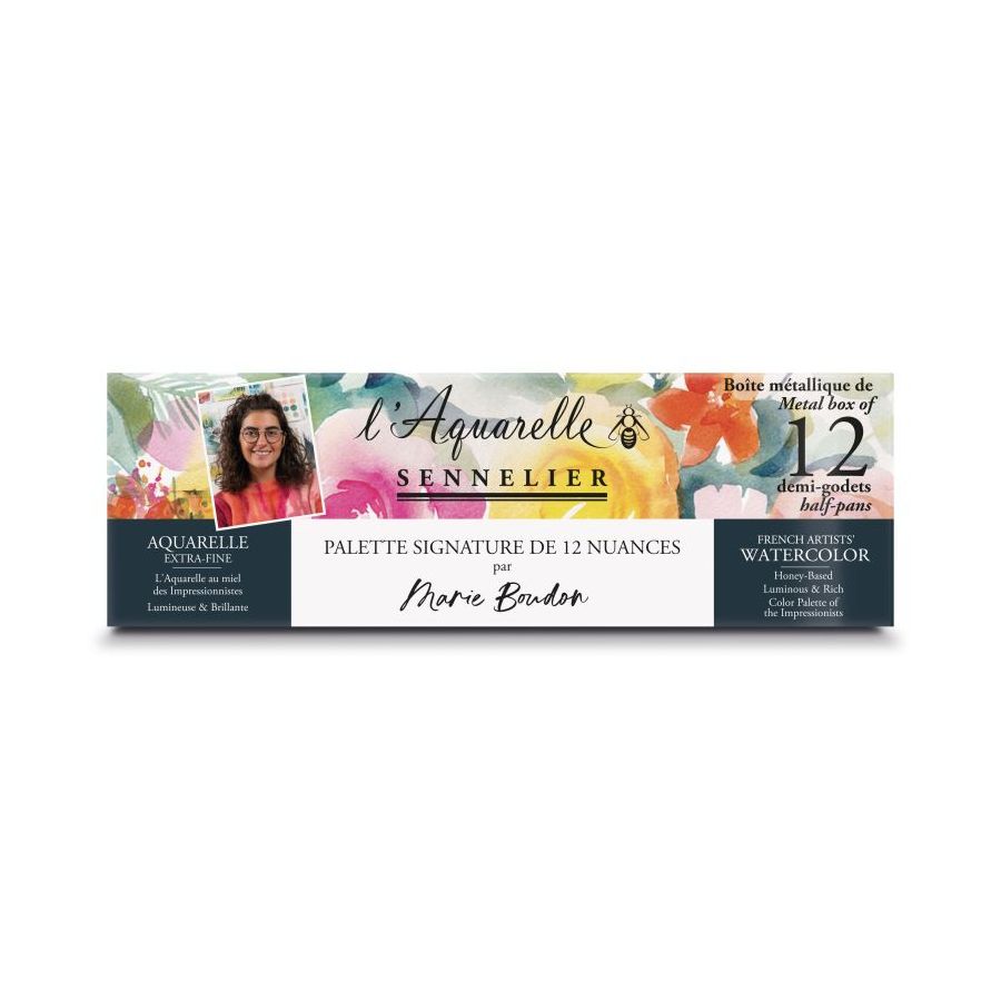 Boîte Métal Aquarelle Extra-Fine – Sélection Marie Boudon 12 Demi-Godets + 12 Emplacements Vides - Sennelier