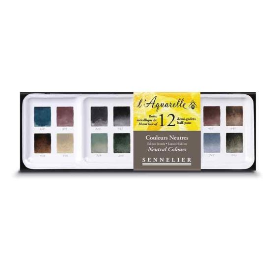 Boîte Aquarelle Extra-Fine Sennelier – 12 Demi-Godets couleurs neutres + 12 emplacements Vides
