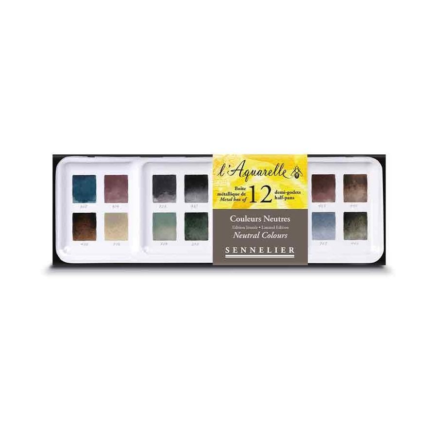 Boîte Aquarelle Extra-Fine Sennelier – 12 Demi-Godets couleurs neutres + 12 emplacements Vides