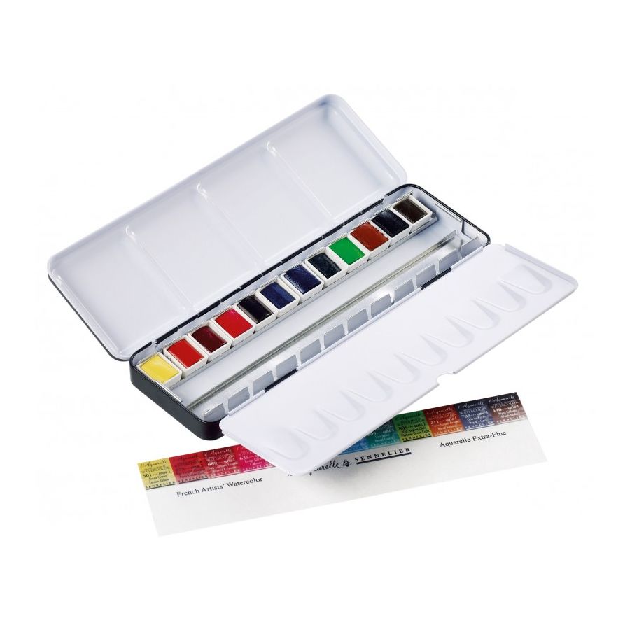 Boîte Aquarelle Extra-Fine Sennelier – 12 Demi-Godets couleurs intenses + 12 emplacements Vides