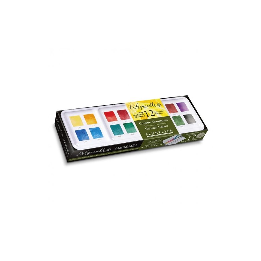 Boîte Aquarelle Extra-Fine Sennelier – 12 Demi-Godets couleurs granuleuses + 12 emplacements Vides