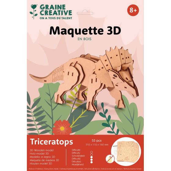Maquette Bois 3D Tricératops – Dinosaure à assembler 55 pièces : Jeu créatif pour enfants