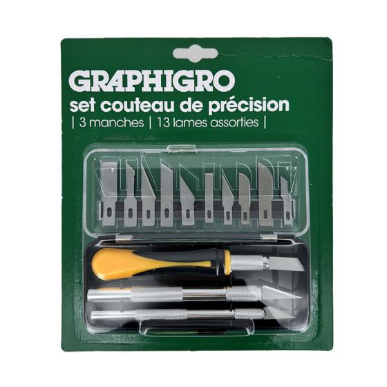 Set couteaux de précision – 3 manches + 13 lames assorties : Découpe papier, carton, bois