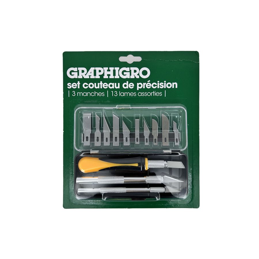 Set couteaux de précision – 3 manches + 13 lames assorties : Découpe papier, carton, bois