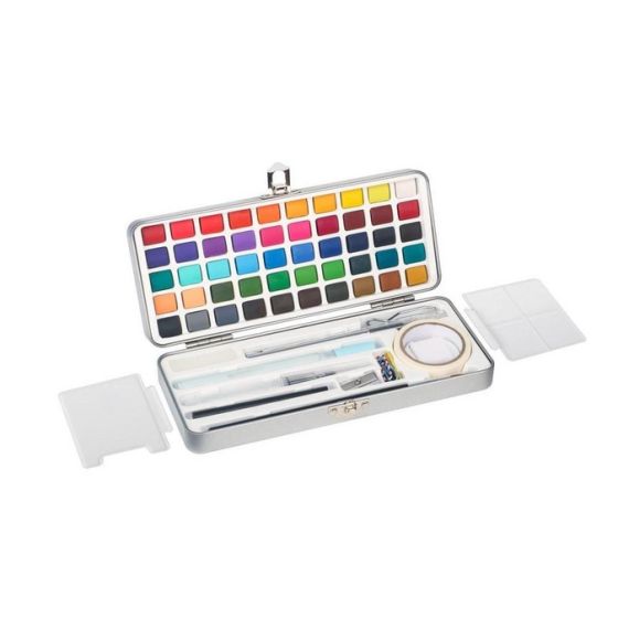 Coffret aquarelle métal – 50 demi-godets + accessoires : Set complet portable