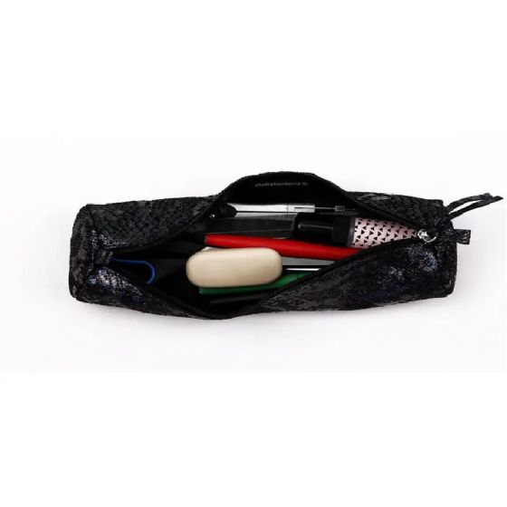 Trousse ronde en cuir véritable – Ø5,5 x 22 cm – Modèle Lazer Noir scintillant