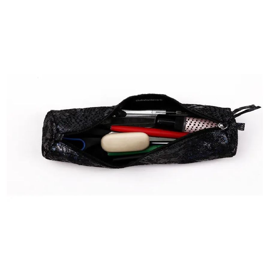 Trousse ronde en cuir véritable – Ø5,5 x 22 cm – Modèle Lazer Noir scintillant