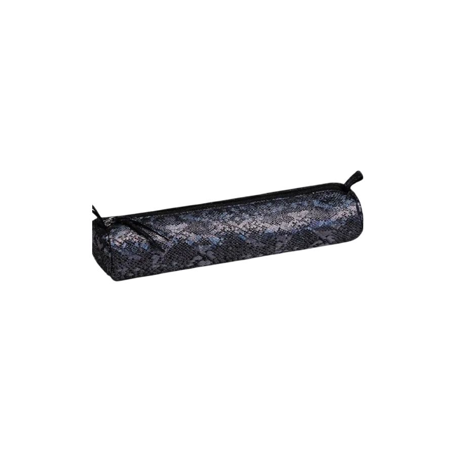 Trousse ronde en cuir véritable – Ø5,5 x 22 cm – Modèle Lazer Noir scintillant