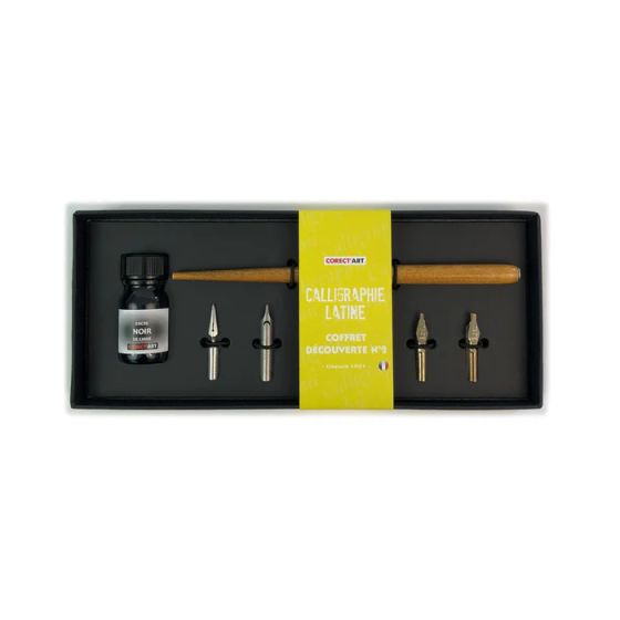 Coffret calligraphie latine – Coffret découverte avec 1 encre noire et 6 plumes dorées