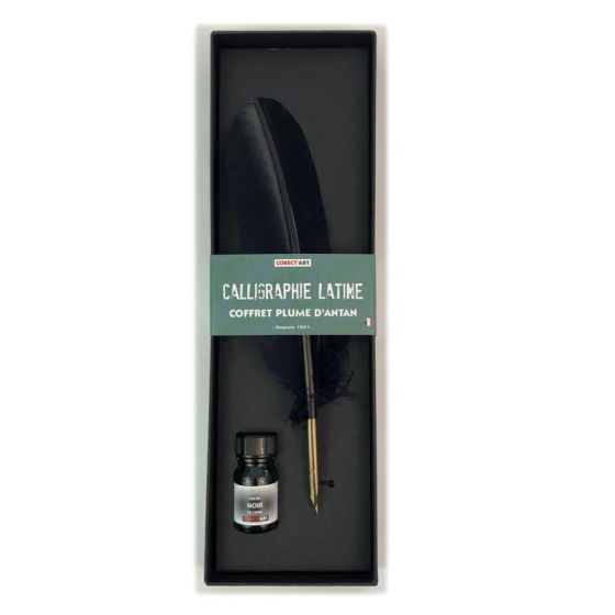 Coffret Calligraphie à Plume Naturelle – Encre française, plume authentique et bec en bronze