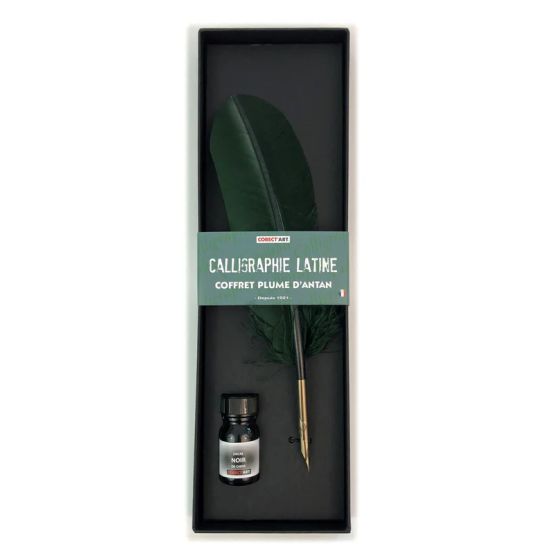Coffret Calligraphie à Plume Naturelle – Encre française, plume authentique et bec en bronze