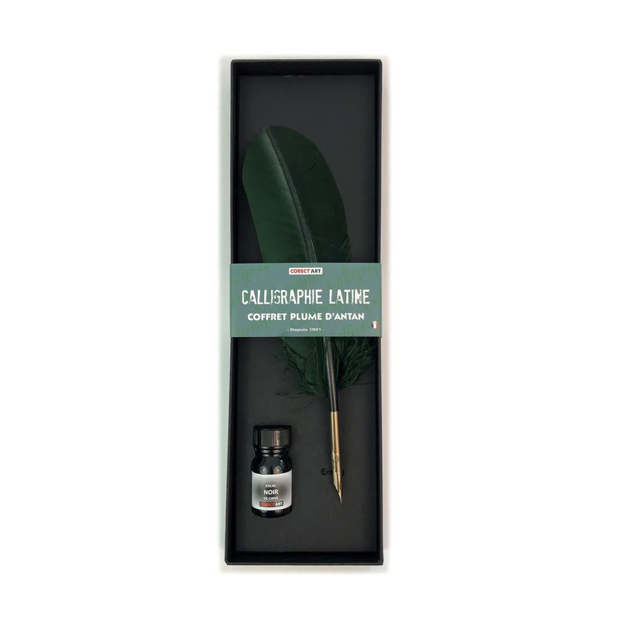 Coffret Calligraphie à Plume Naturelle – Encre française, plume authentique et bec en bronze