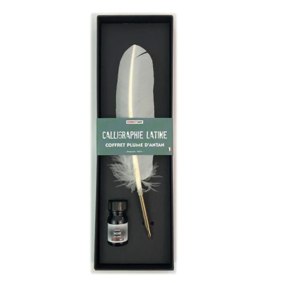 Coffret Calligraphie à Plume Naturelle – Encre française, plume authentique et bec en bronze