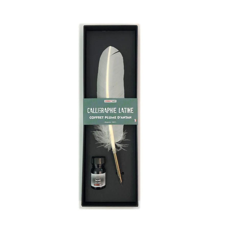 Coffret Calligraphie à Plume Naturelle – Encre française, plume authentique et bec en bronze
