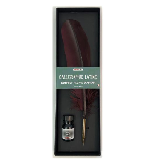 Coffret Calligraphie à Plume Naturelle – Encre française, plume authentique et bec en bronze