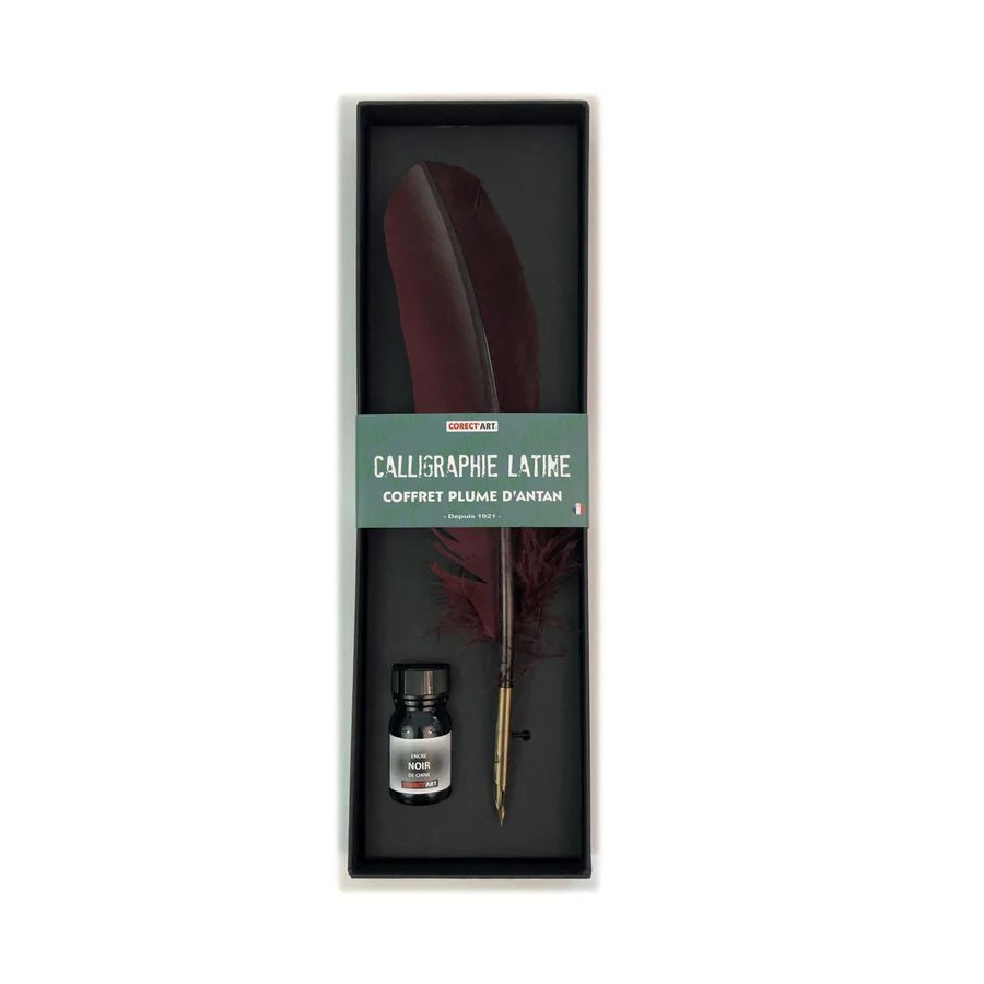 Coffret Calligraphie à Plume Naturelle – Encre française, plume authentique et bec en bronze