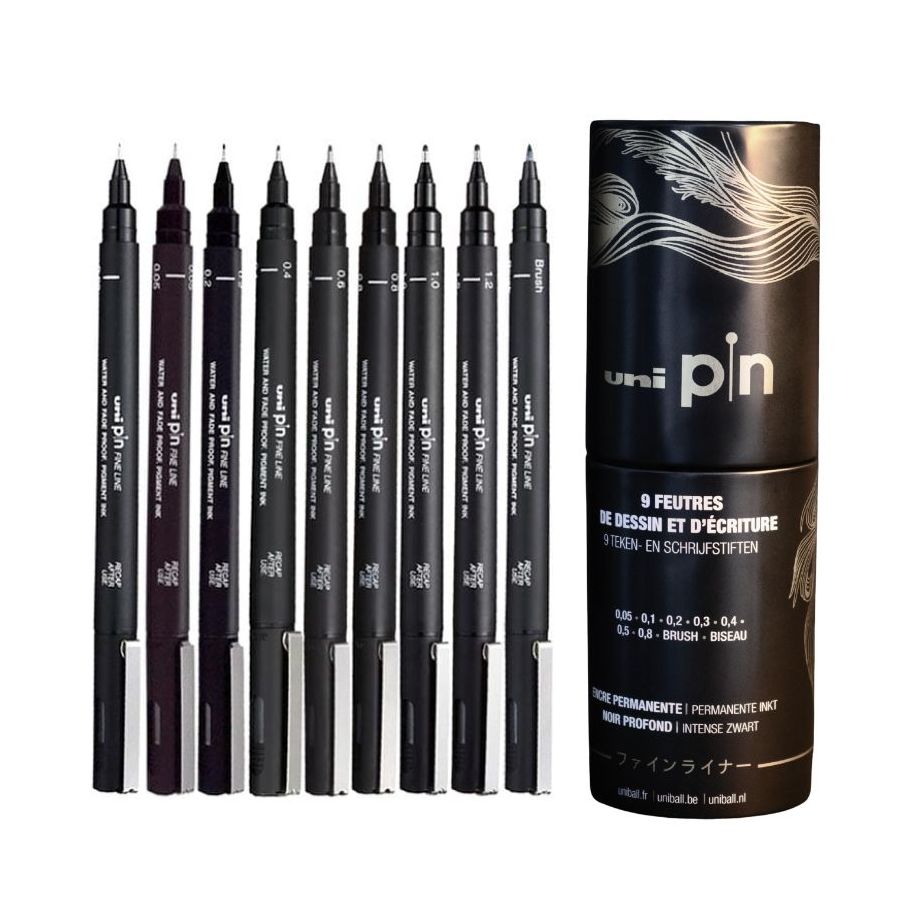 Coffret métal 9 feutres de dessin Uni Pin – édition Yoldie, encre noire waterproof