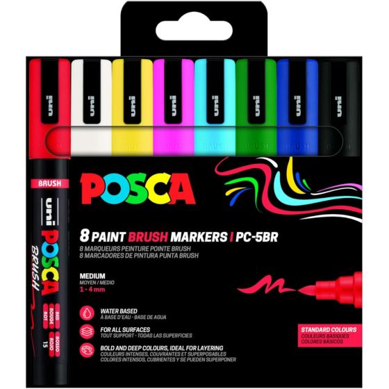 Pochette 8 marqueurs POSCA Brush – Couleurs assorties – Pointe pinceau flexible