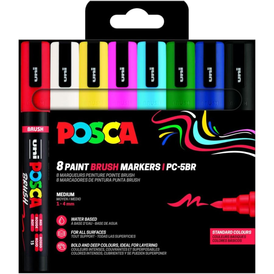 Pochette 8 marqueurs POSCA Brush – Couleurs assorties – Pointe pinceau flexible