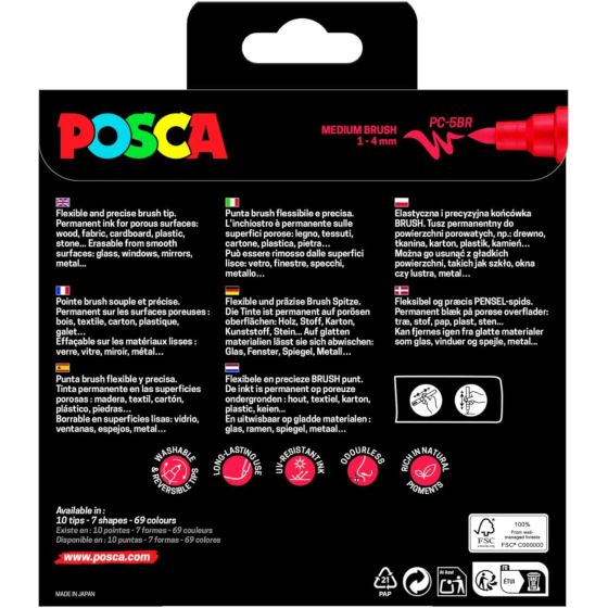 Pochette 8 marqueurs POSCA Brush – Couleurs assorties – Pointe pinceau flexible
