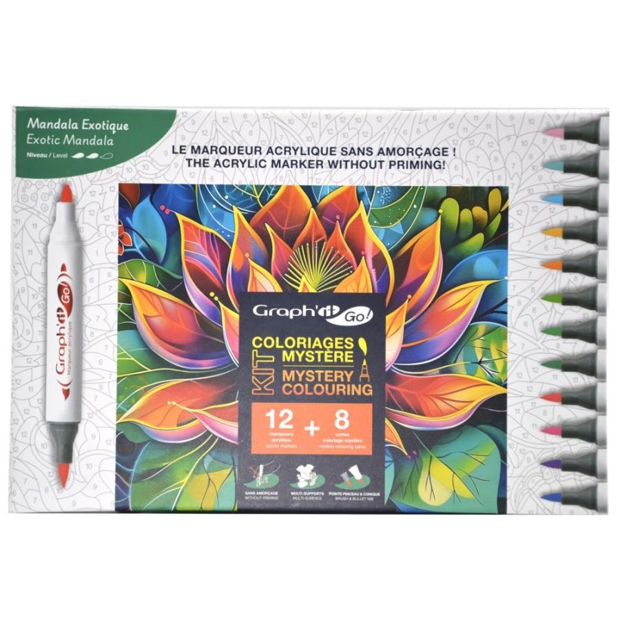 Kit de coloriage GRAPH’IT GO – Mandalas Exotiques – 12 marqueurs acryliques double pointe