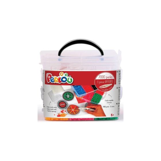 Boîte empilable PERLOU – 7000 perles, 12 couleurs, plaques carrée & ronde, feuille de repassage et pince