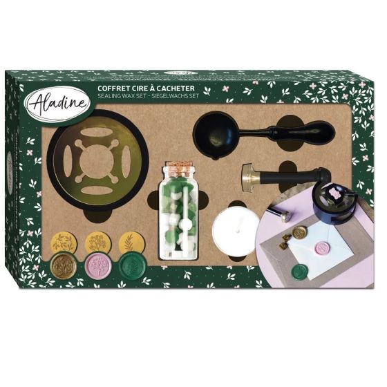 Coffret cachet de cire Nature – kit complet avec 3 sceaux feuillage, perles fleurs, cuillère & chauffe-plat