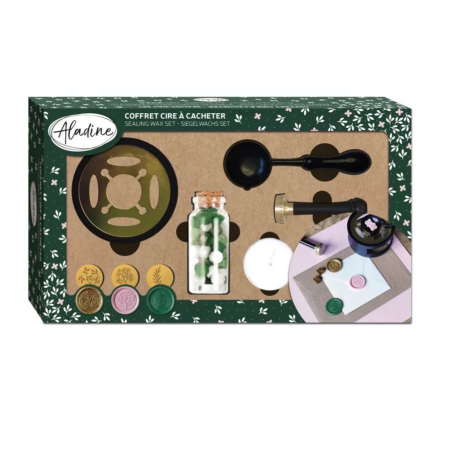 Coffret cachet de cire Nature – kit complet avec 3 sceaux feuillage, perles fleurs, cuillère & chauffe-plat
