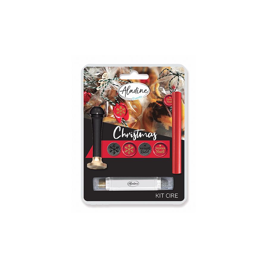 Kit cachet de cire « Joyeux Noël & Bonne Année » – 2 sceaux, manche, cire et encreur or/argent pour invitations & enveloppes