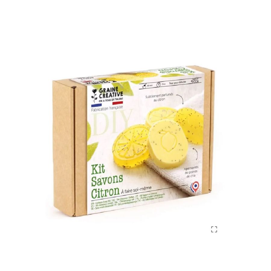 Kit savon citron – Melt & Pour avec graines de chia, 2 moules made in Touraine (Graine Créative)