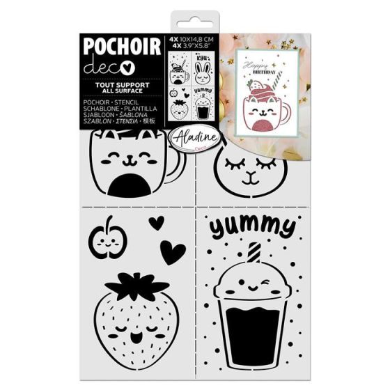 Pochoirs déco x4 « Yummy » 20×30 cm – motifs gourmands, customisation textile, papier & objets (compatibles Izink)