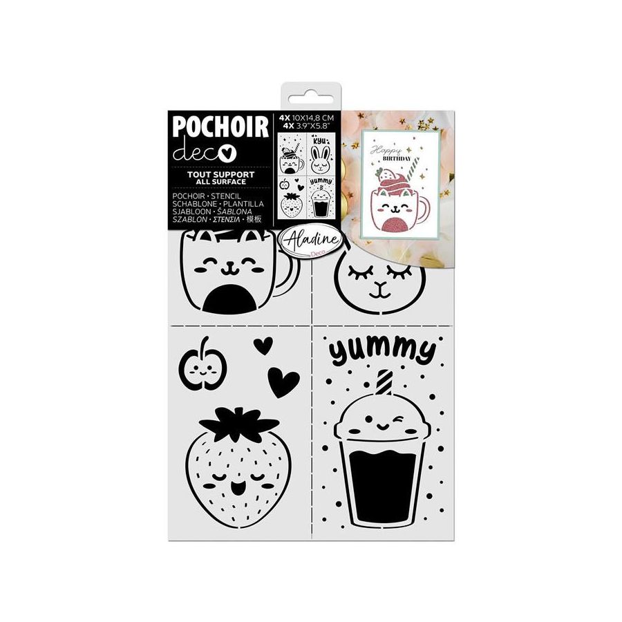 Pochoirs déco x4 « Yummy » 20×30 cm – motifs gourmands, customisation textile, papier & objets (compatibles Izink)
