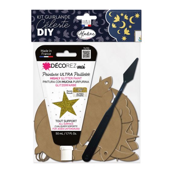 Kit guirlande céleste – 12 formes bois, peinture IZINK Diamond or, spatule & ficelle (certifié PEFC 100%) – Aladine