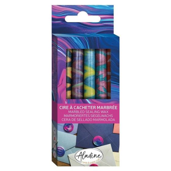 Pack 5 bâtons de cire marbré Caméléon – cire flexible pour pistolet Aladine, cachets élégants & multicolores