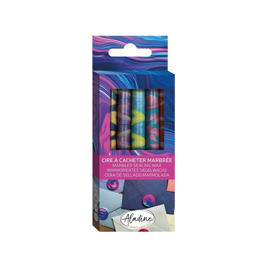 Pack 5 bâtons de cire marbré Caméléon – cire flexible pour pistolet Aladine, cachets élégants & multicolores