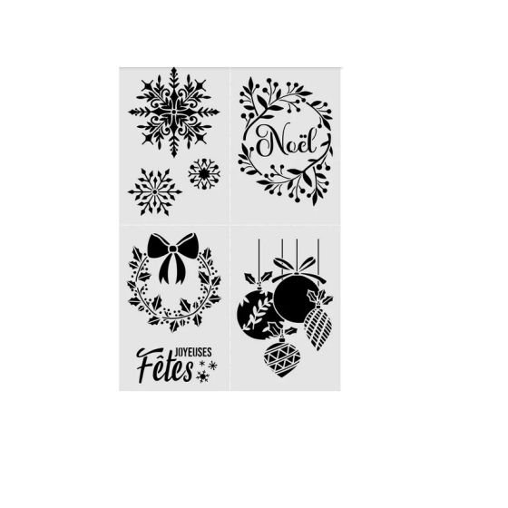 Pochoir 20×30 cm « Noël classique » – set 4 motifs format carterie 10×14,8 cm (Aladine), compatible Izink