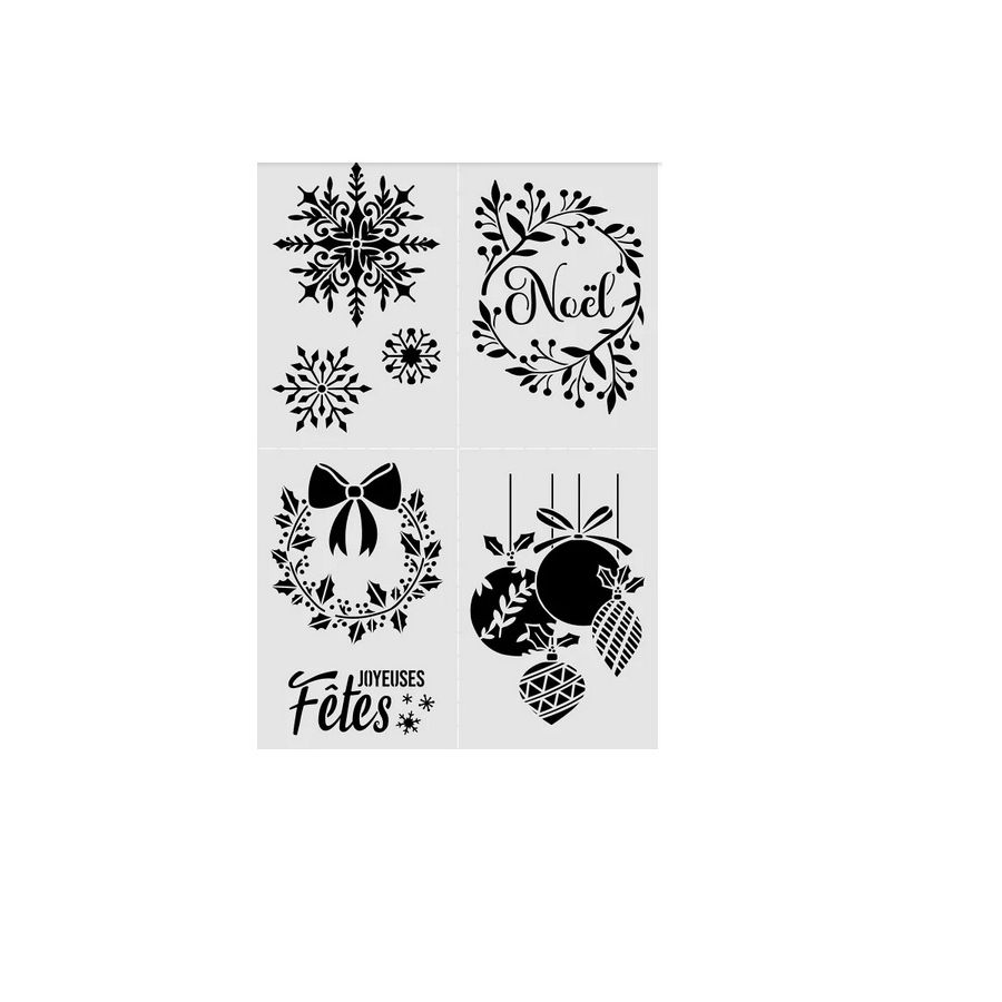 Pochoir 20×30 cm « Noël classique » – set 4 motifs format carterie 10×14,8 cm (Aladine), compatible Izink