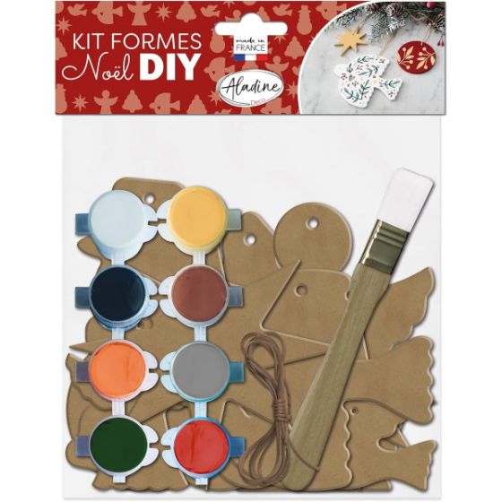Kit créatif décorations de Noël en bois – 12 formes MDF à peindre + 8 peintures, pinceau & ficelle (Aladine)