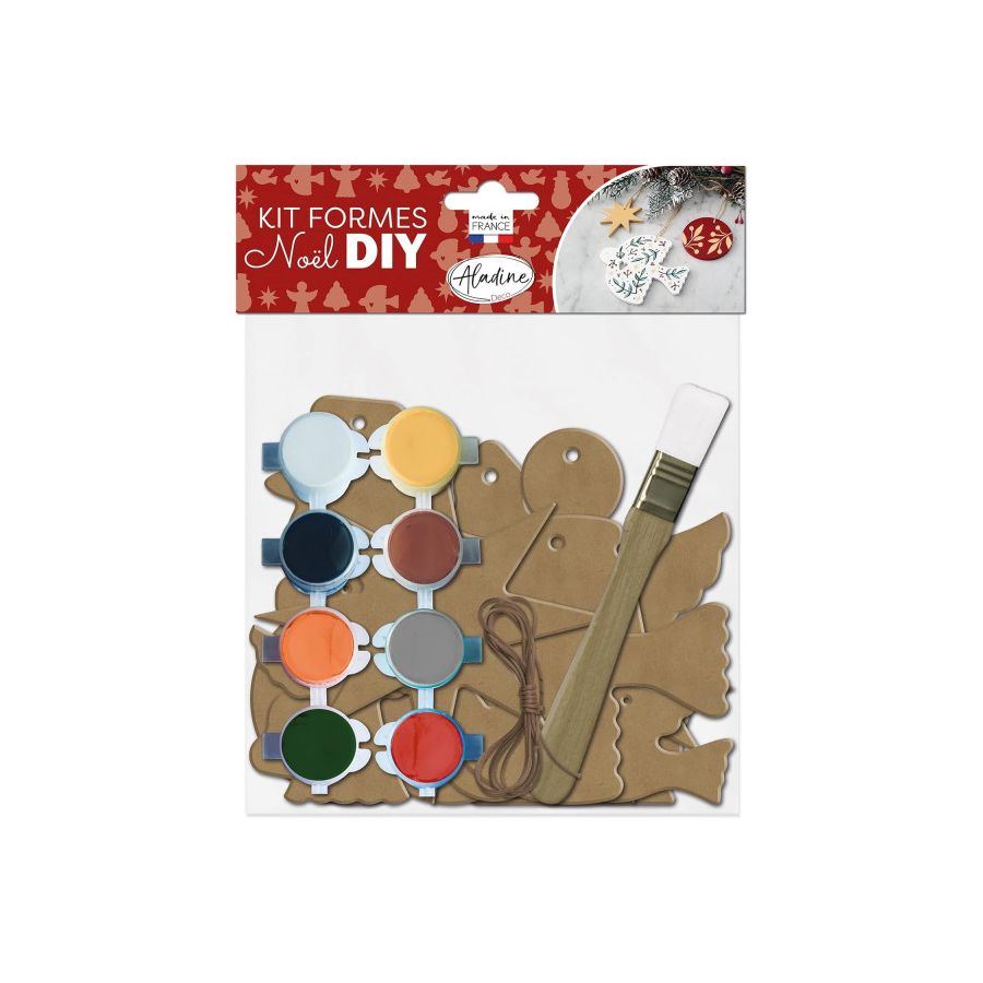 Kit créatif décorations de Noël en bois – 12 formes MDF à peindre + 8 peintures, pinceau & ficelle (Aladine)