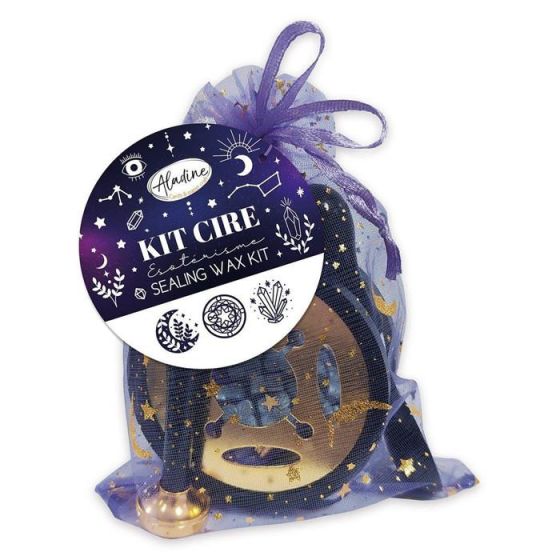 Kit cachet de cire « Ésotérisme » – 3 sceaux, pastilles fleurs, cuillère & chauffe-plat dans pochon organza (Aladine)